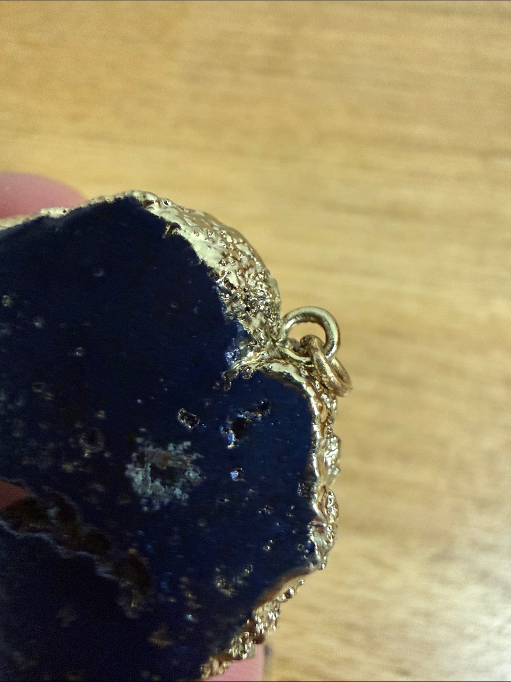 Blue with gold paint faux geode agate necklace charm with string tassel - Picture 2 of 4